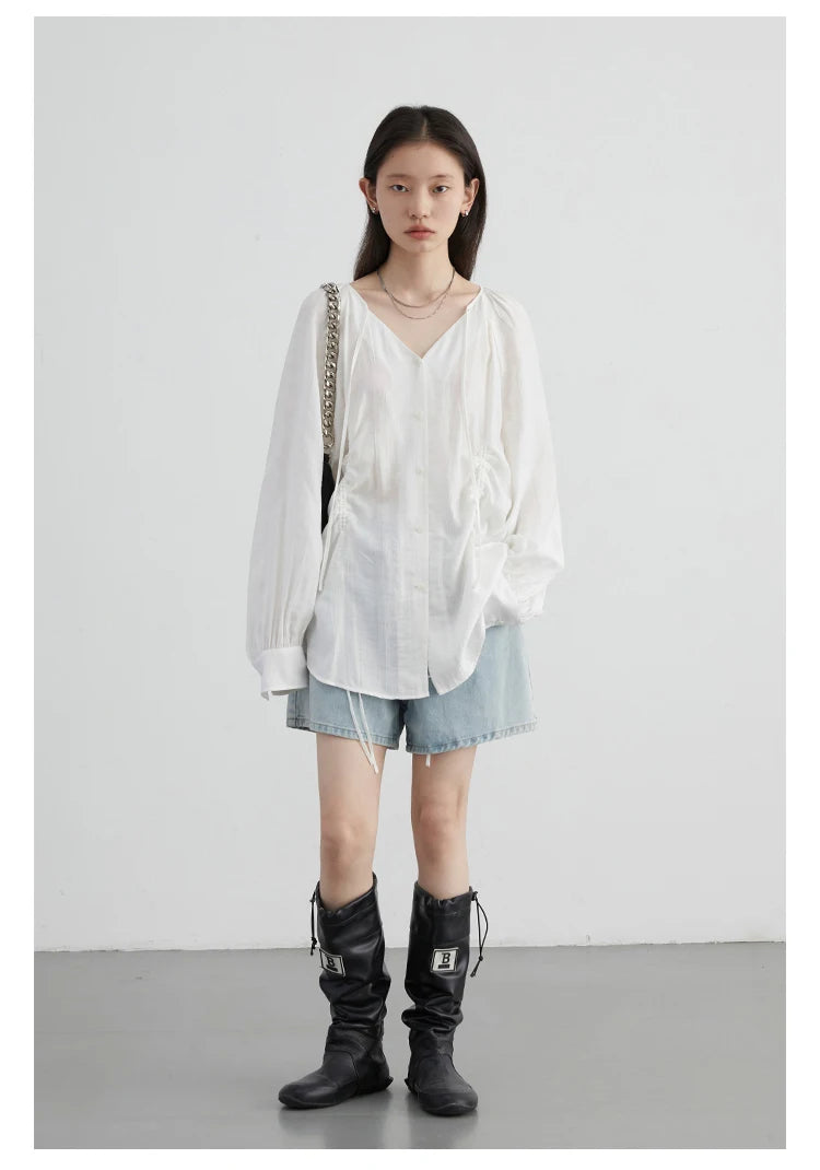 CHIC VEN Women Loose Lace Up Shirt Solid New Korean V-neck Pleated Raglan Long Sleeved Blouses Female Tops Spring Summer 2025
