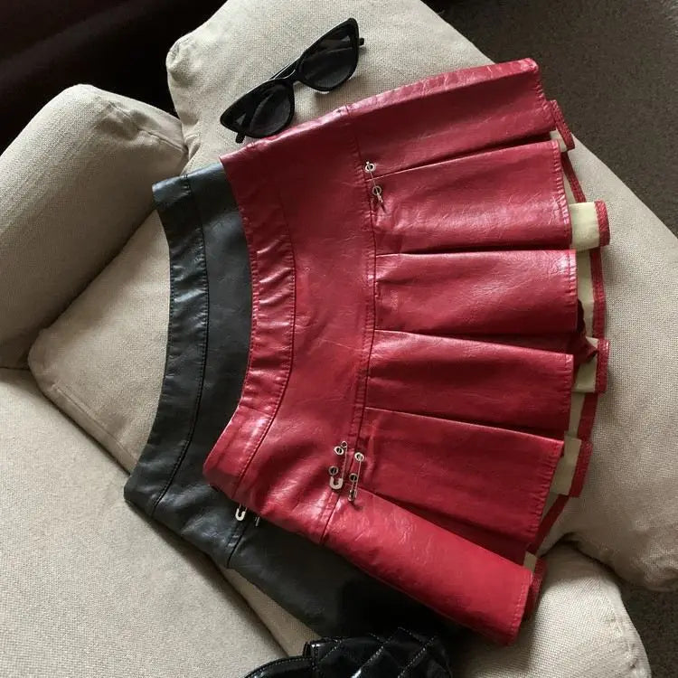 American PU Leather Pleated Skirt Women Slim High-waisted Design Mini Skirt Red Black