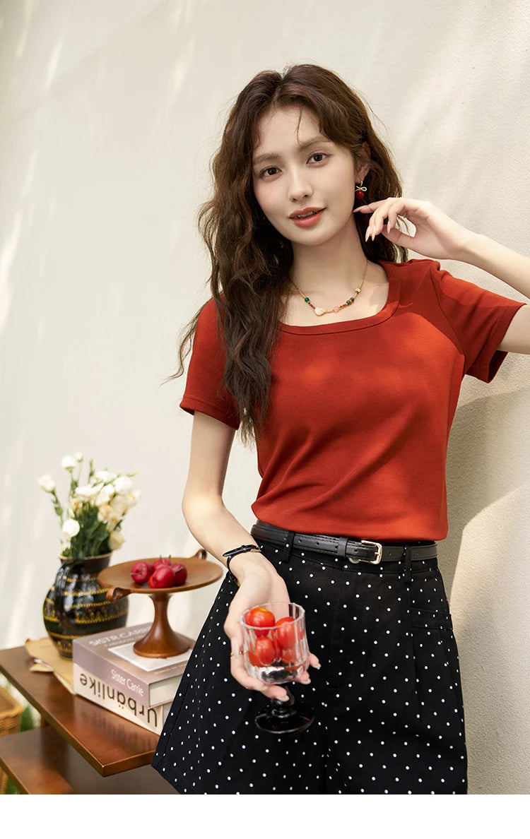 MISHOW Short Sleeve T-shirts Women Spring Solid Square-neck Top Elegant Woman Clothes Office Lady Cotton Tees MXC12T0641