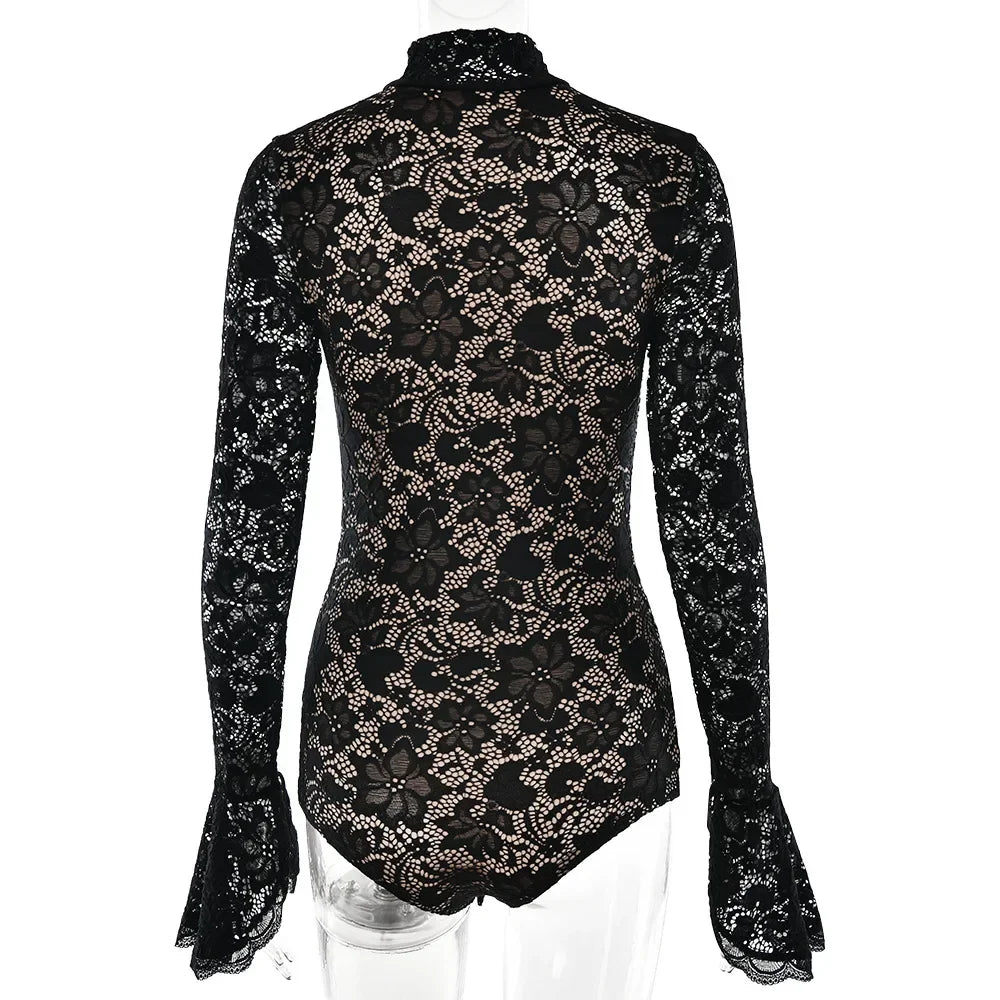 Women's Hollow Out Flare Sleeve Lace Bodysuit 2025 Female Elegant One Piece Black Tights Tops Evening Party Jumpsuit Clubwear