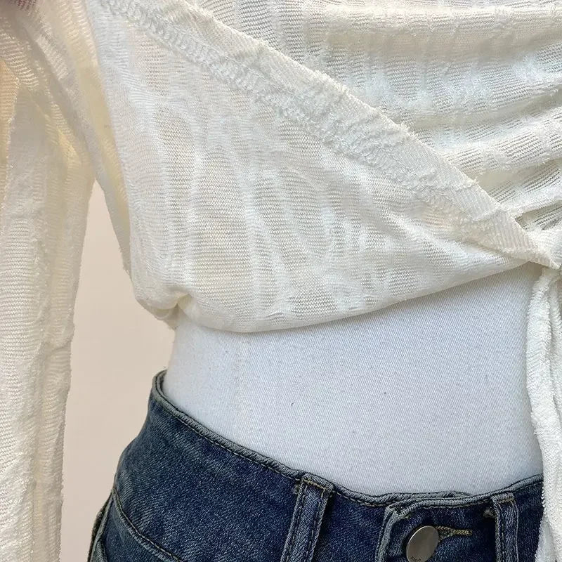 Elegant Shoulder Bared Bell Sleeve One Shoulder Women's Short Top Korean Style Gentle T Shirt for Autumn Fashion Ladies' Wear