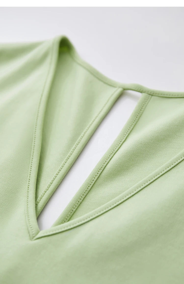 AMII Minimalism 100% Cotton Hollow Out Solid Short Sleeves Tees 2025 Spring New V Neck Top Women Casual Female T Shirt 12342289