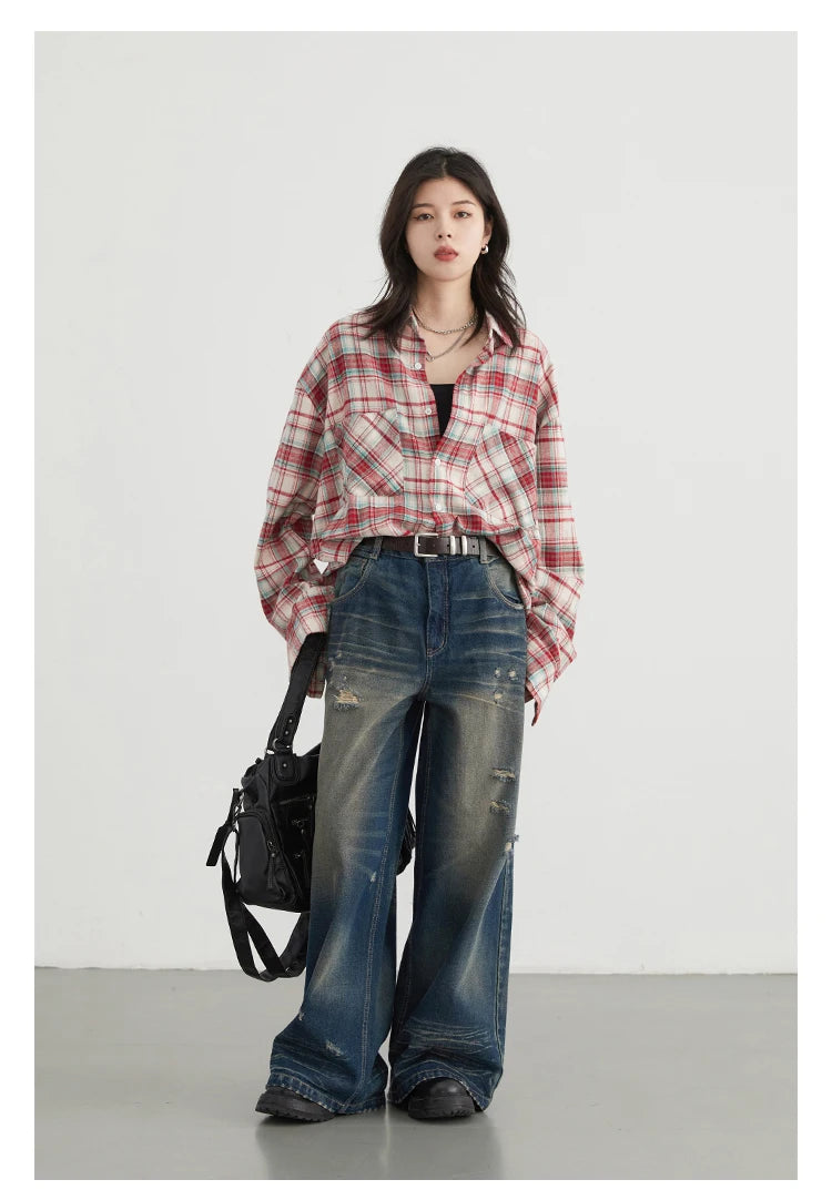 CHIC VEN Women's Cotton Shirt Single Breasted Loose New Retro Color Blocked Grid Female Blouses Autumn Spring 2024