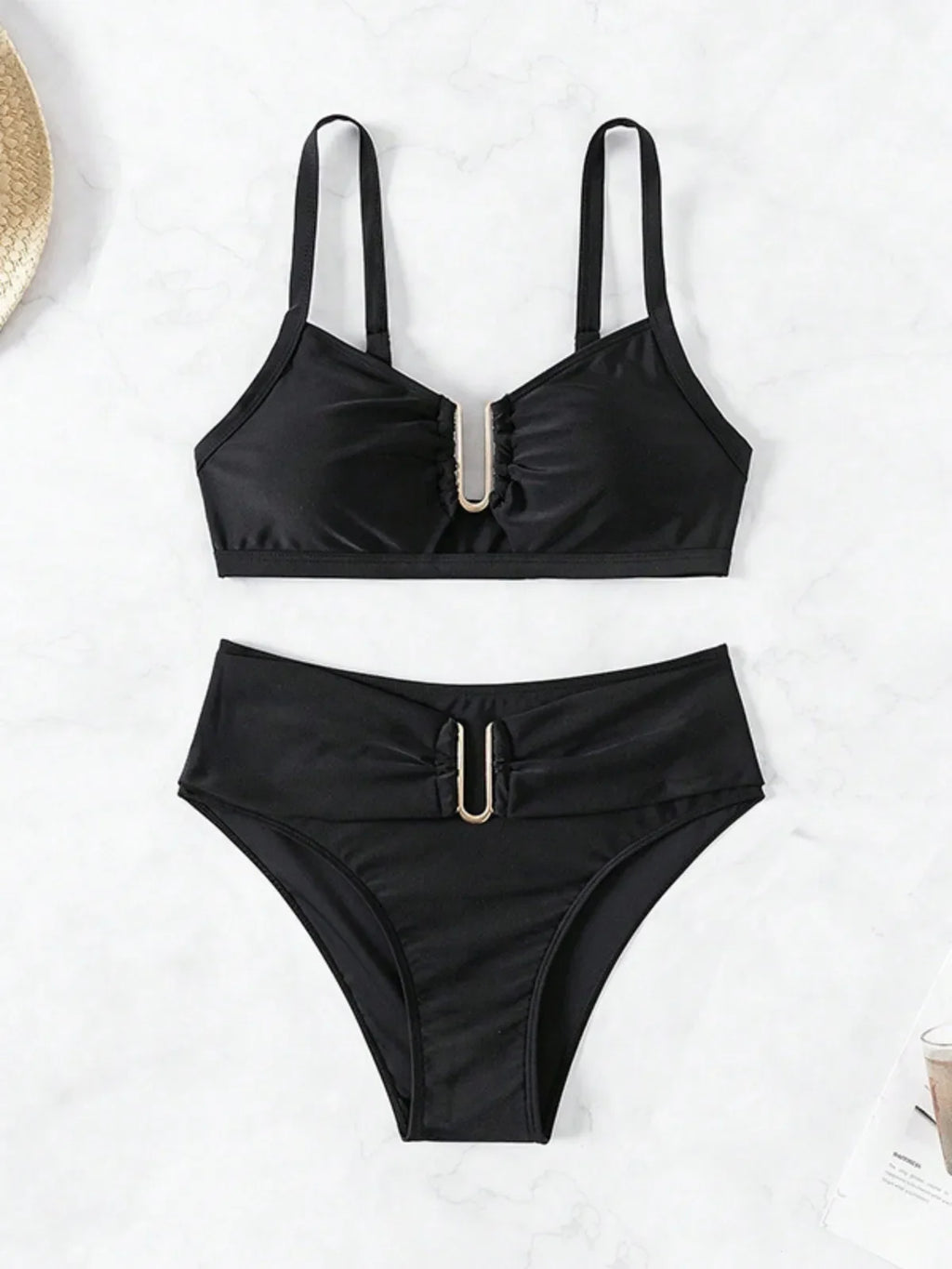 Solid Color High Waist Two Piece Swimsuit for Women U-neck Suspender Backless Bikini Set Beach Vacation Bathing Suit 2025 New