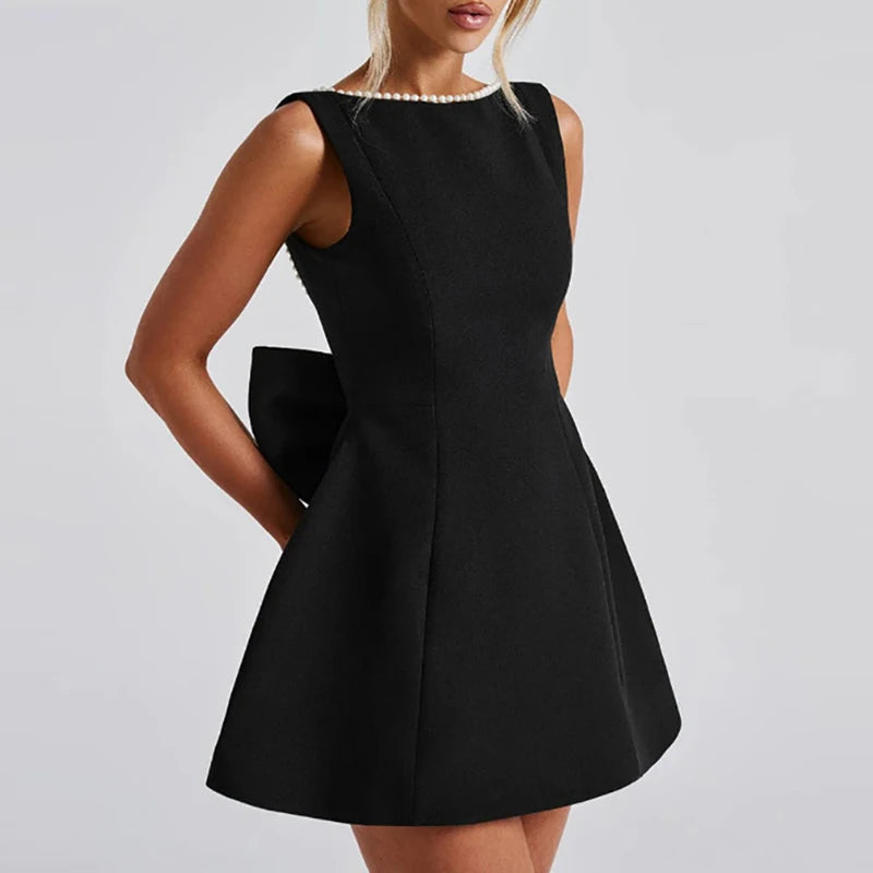 Fashion O Neck Waist Solid Short Dress Pearl Patchwork Slim Women A-line Dress Sexy Hollow Out Backless Bow Party Dress Vestidos