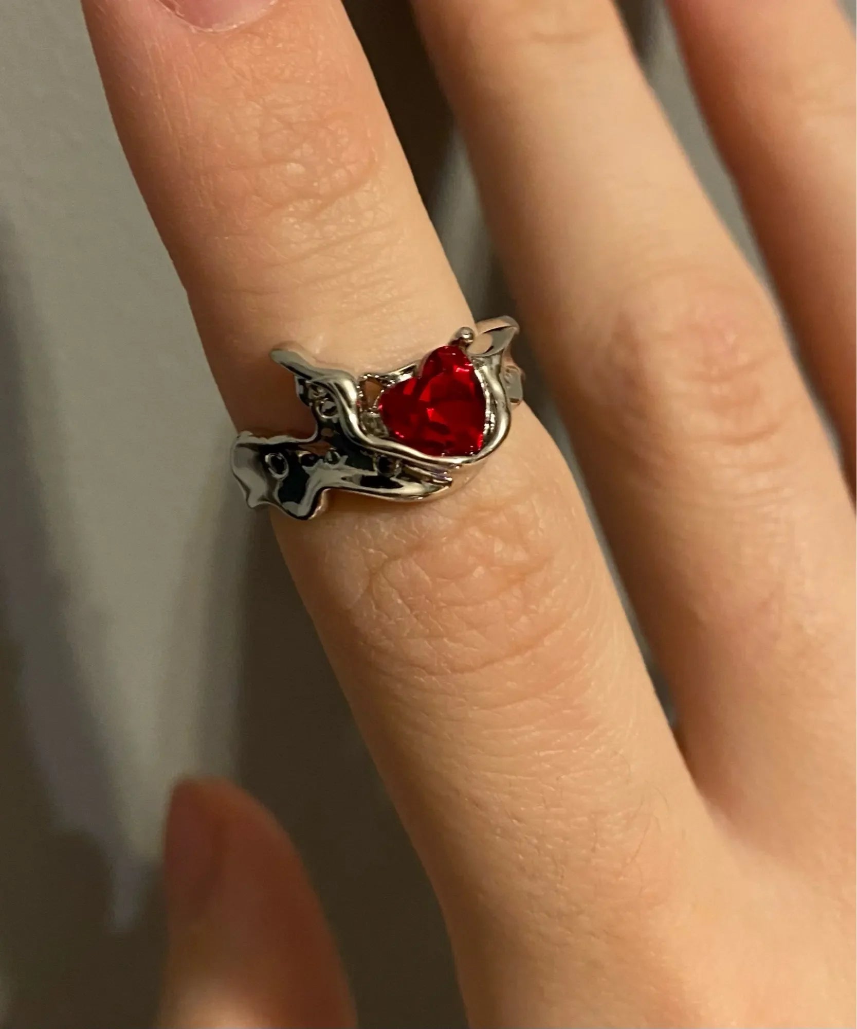 Goth Punk Retro Red Crystal Love Heart Cross Geometry Irregular Open Ring Set Y2K Halloween Accessories For Women Kpop Jewelry