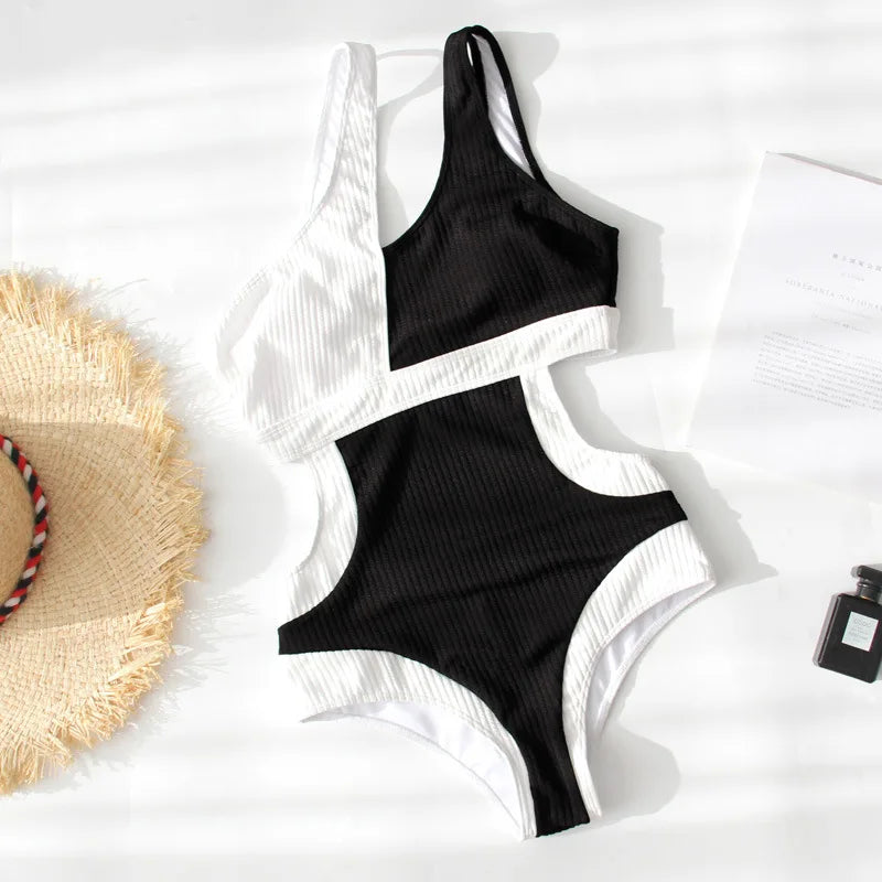 Korean Version of Sexy Shoulder One-piece Swimsuit Women's New Bear Gathering Belly Swimsuit Hot Spring Women's Conservative