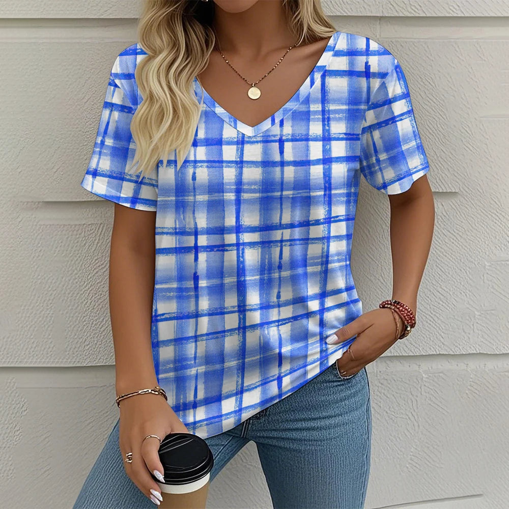 Summer Vintage Women's T-shirt Casual Plaid Pattern Printed Clothing Outdoor V-neck Short Sleeve Top Fashion Street T-Shirts