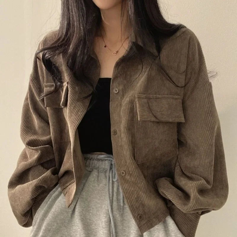 Chic Korean Vintage Simple Lapel Cropped Long Sleeve Shirt Top Corduroy Loose Fit Jacket For Women New Model 2023