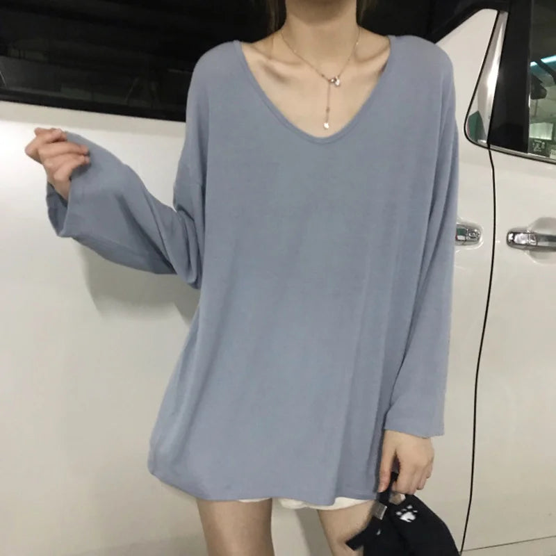 Pure Color V-neck Long Sleeve T-shirt Women Spring Summer Women Clothing Loose Student Early Autumn Top