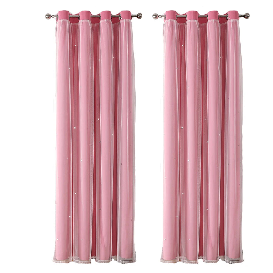 1Pc/2Pcs Girls Double Layer Hollow Out Stars Curtains Princess Romantic Bedroom Decor