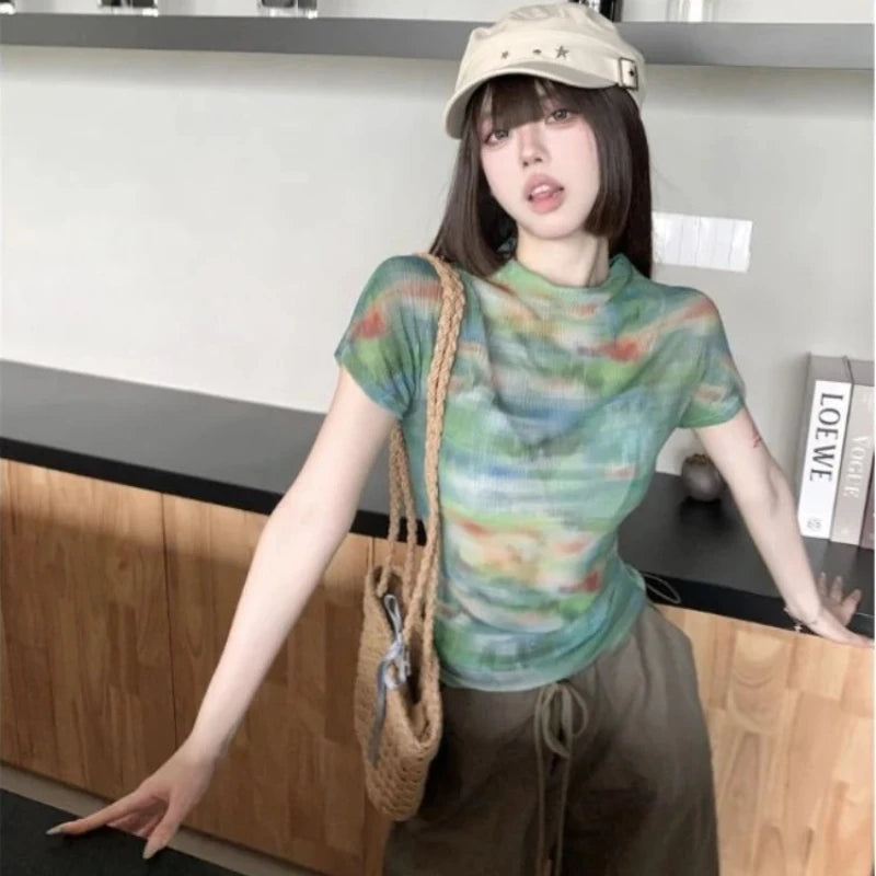 Turtleneck Woman Tops Tie DyeT Shirt for Women Japanese Vintage Fashion Korean Reviews Many Clothes Harajuku Clearance Basic