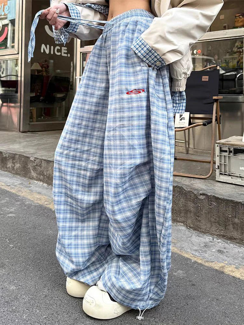 Zoki Streetwear Y2K Plaid Pants Women Vintage American High Waist Scimitar Pants Harajuku Oversize Loose Bf Casual Trousers New