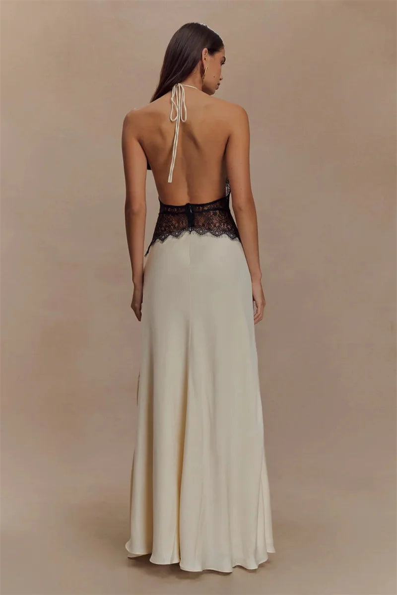 Mozision Summer Backless Sexy Maxi Dress Women Gown Patchwork Lace Halter Deep V Neck Sleeveless High Waist Elegant Long Dress