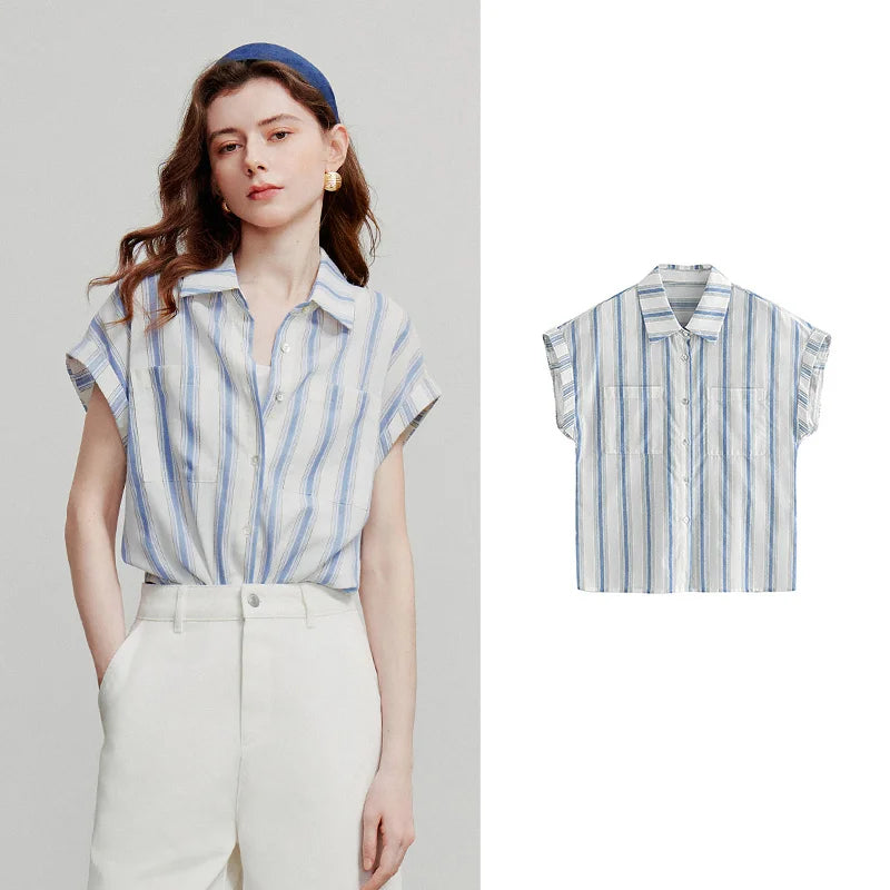 TOYOUTH Women Blouse Shirt 2025 Summer New Blue and White Striped Sleeveless Turn Down Collar Casual Shirt Tops 8522042
