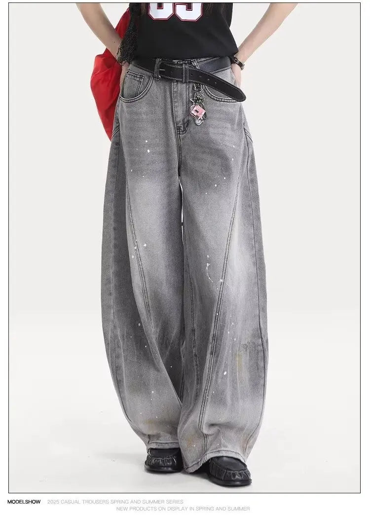 American retro washing smoke grey ink jeans scimitar straight wide-leg lazy style casual trousers Korean style