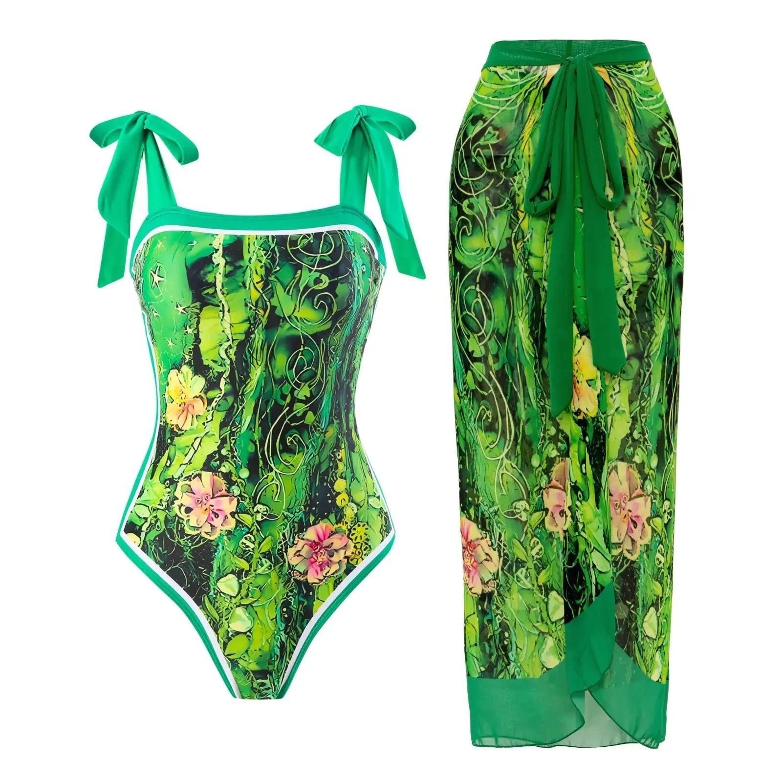 Retro One-Piece Swimsuit Set for Women with Chiffon Skirt Conservative Sexy Swimwear New 2025 Cross-Border AE Stock