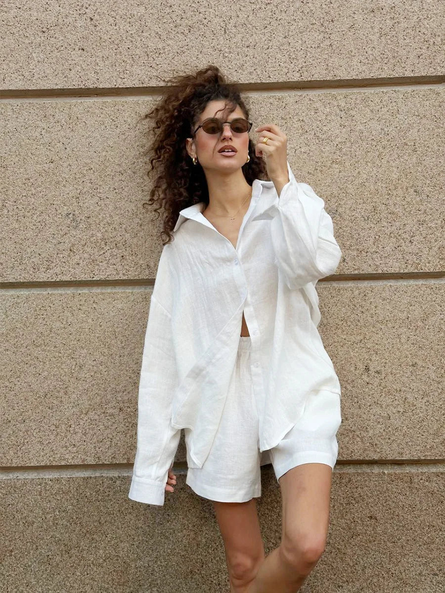 Bornladies Cotton Casual Pants Sets Women's Solid Color Cozy Lapel Long Sleeve Shirt Summer Outfit Elastic Waist Pants Suits