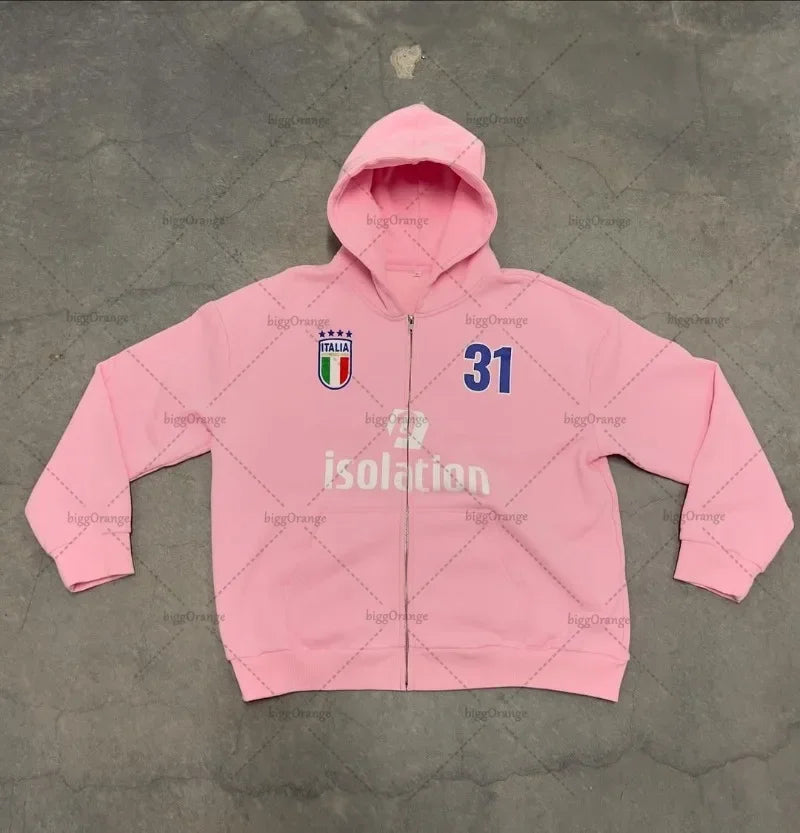 2025 Trendy Hip-hop Street Trend Brand Clothing Punk Style Letter Print Zipper Hoodie Men Pink Casual Retro Oversized Sweatshirt