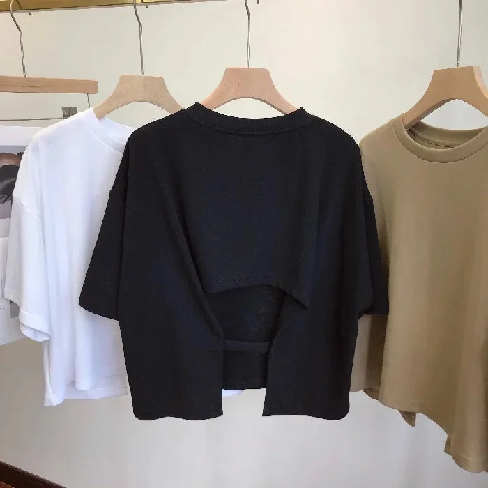 Trendy Women's Open-Back Cropped T-Shirt Sweet Spicy Style Korean Version 2023 Summer New Round Neck Loose Fit Short Sleeves Top