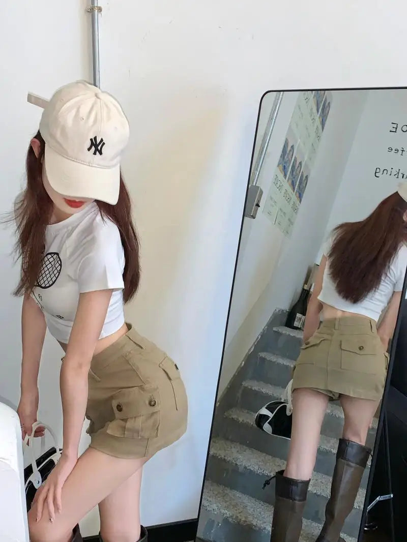 2025 new cargo khaki skirts with pocket woman streetwear clothing women's skirt korea straight skirt women high-waist A-line
