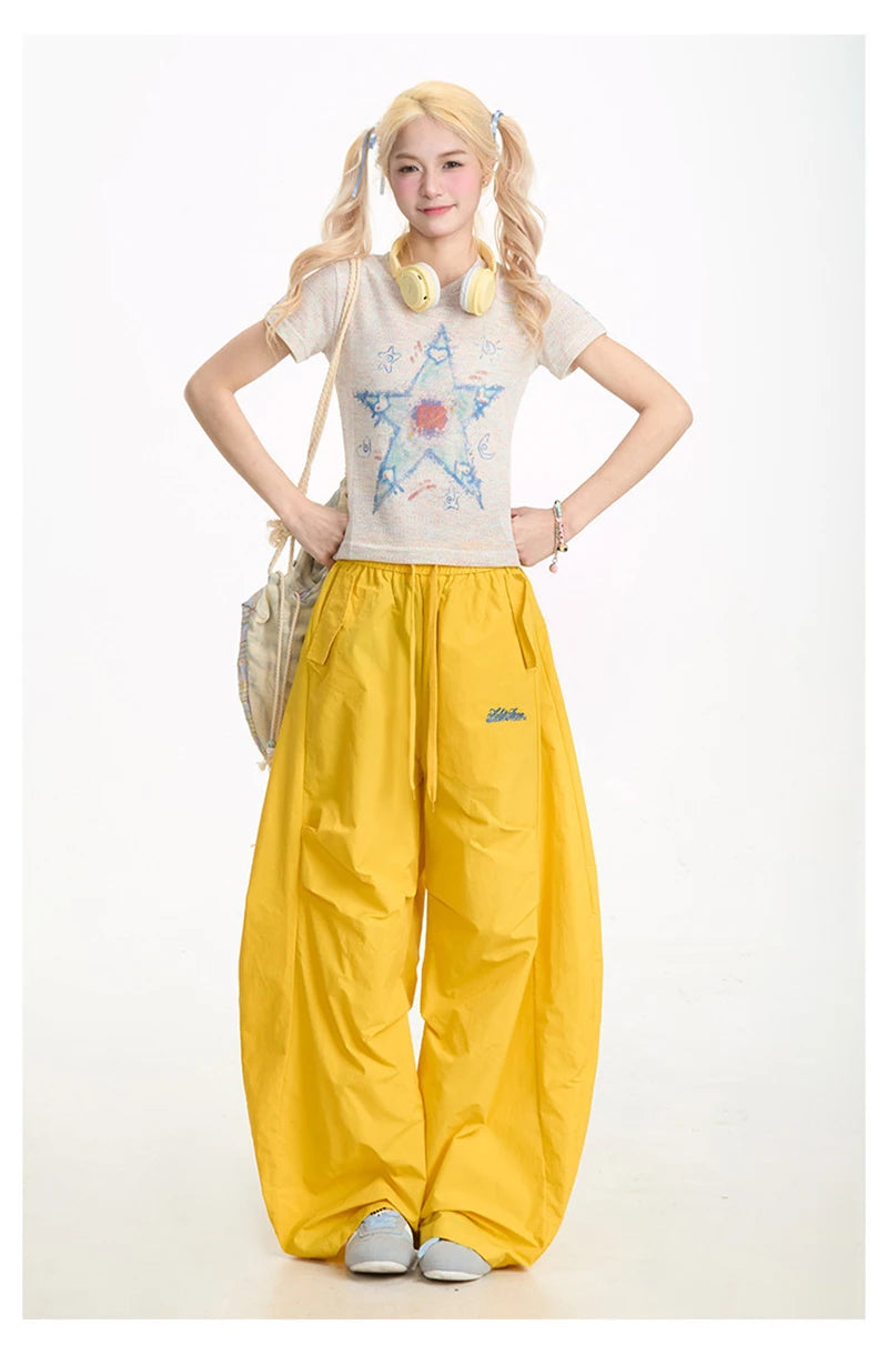 Zoki Streetwear Yellow Cargo Pants Women Vintage Letter High Waist Y2K Wide Leg Trousers High Quality Loose Paratrooper Pants