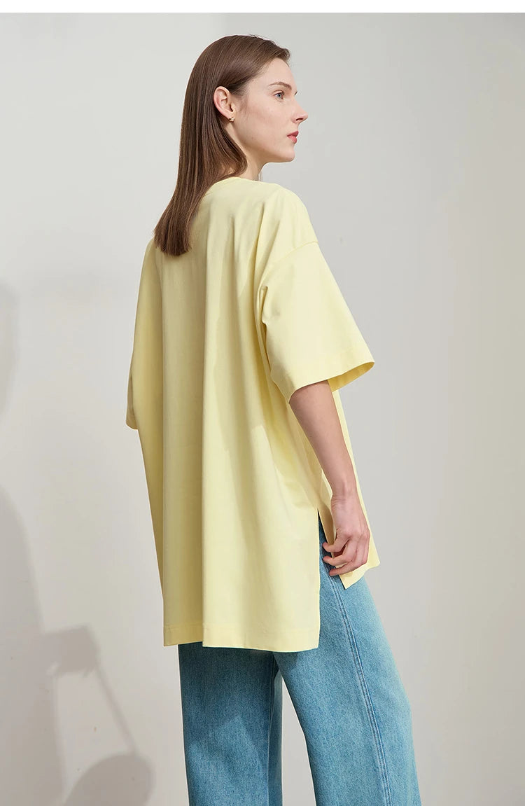 Amii Minimalist Summer T-shirt Women Irregular Design Tops Casual O-neck Abstract Print Loose Dropped Shoulder T-shirt 12522081