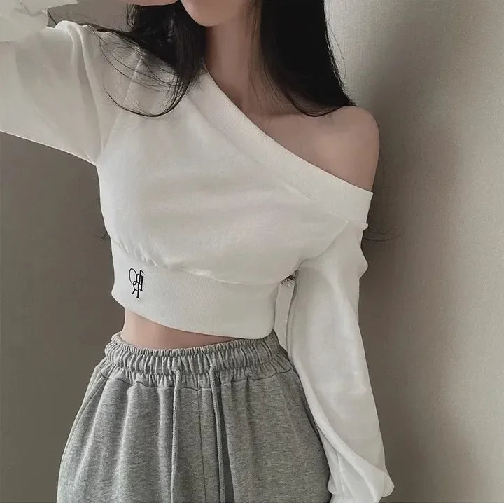 Women's Autumn Off-the-shoulder Sweatshirt Cropped Top Embroidery Loose-fit Windy Sweet Girl Hoodies Thin Material