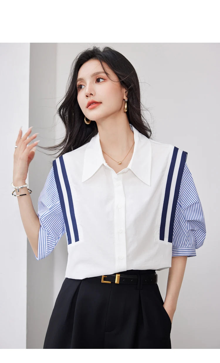 French Elegant Office Lady Shirt Female 2024 Spring Striped Contrasting Color Long-Sleeved Temperament Slim Top Fashion Blouse