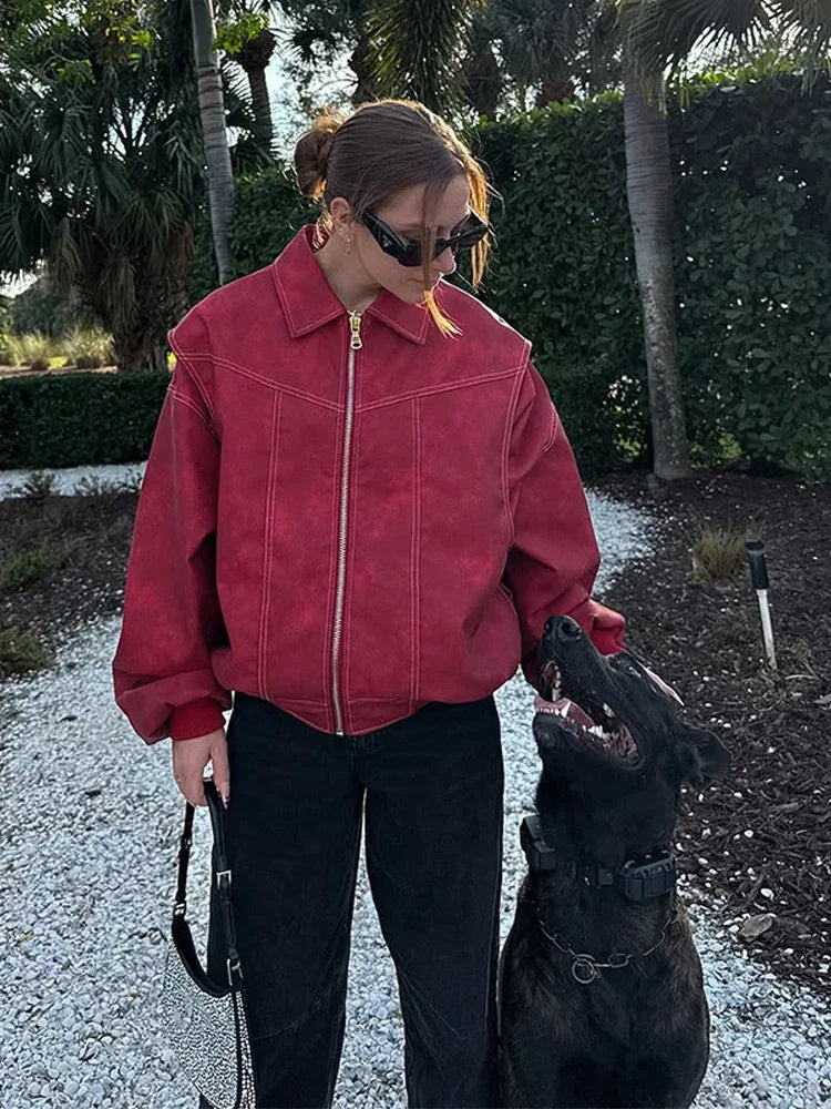 Women's Artificial Leather Short Jacket Retro Red Linen Coat Spliced Zipper Jacket Autumn Women's Lapel Pocket Street Sportswear