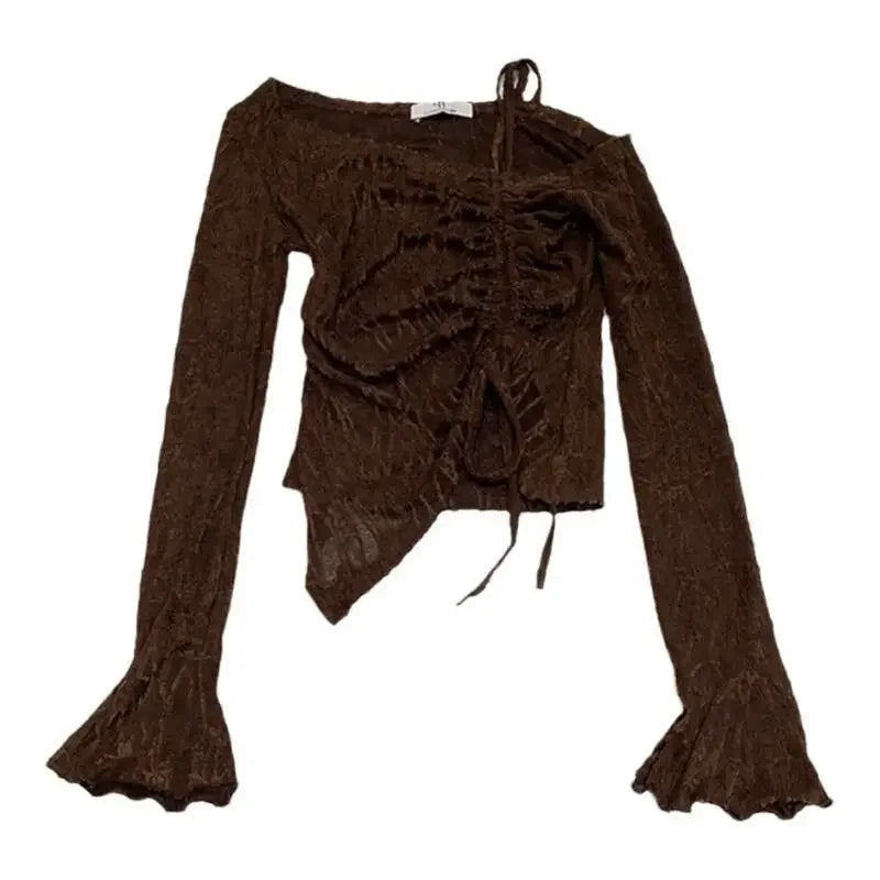 Elegant Shoulder Bared Bell Sleeve One Shoulder Women's Short Top Korean Style Gentle T Shirt for Autumn Fashion Ladies' Wear