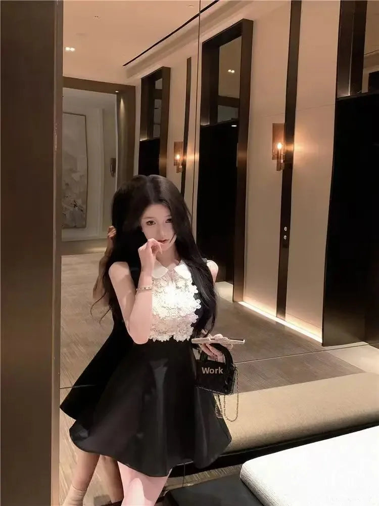 French Style Lace Doll Collar Vest Dress Women Summer Mini Skirt Waist Cinching Sleeveless Black Dress Polo Neckline Polyester F