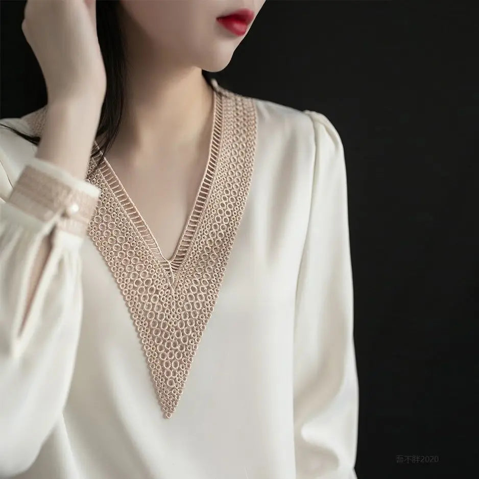 Elegant Fashion V-neck Embroidery Hollow Out Dignified Shirt New Summer Autumn 2022 Long Sleeve Solid Color Women's Clothing