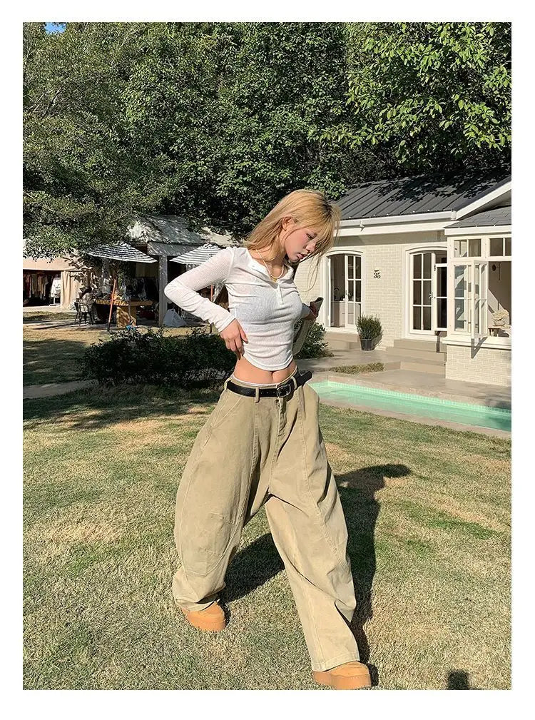 HOUZHOU Y2K Vintage Wash Women Cargo Jeans Harajuku Scimitar Wide Leg American Retro Denim Pants Baggy Trousers Gyaru Streetwear