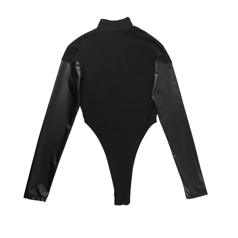 Long Sleeve Bodycon Lenceria Femenina Turtleneck Lingerie Sexy Body Feminino Black Tops Women PU Patchwork One-Pieces Bodysuit