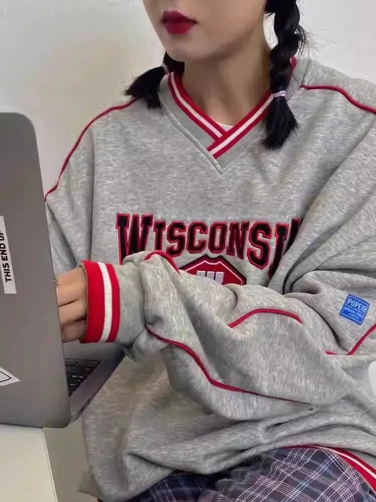 Retro American V-ne Letter Embroidery Pure Cotton College BF Sle Loose Fit Thin Hoodie Women's Autumn Baseball Jaet