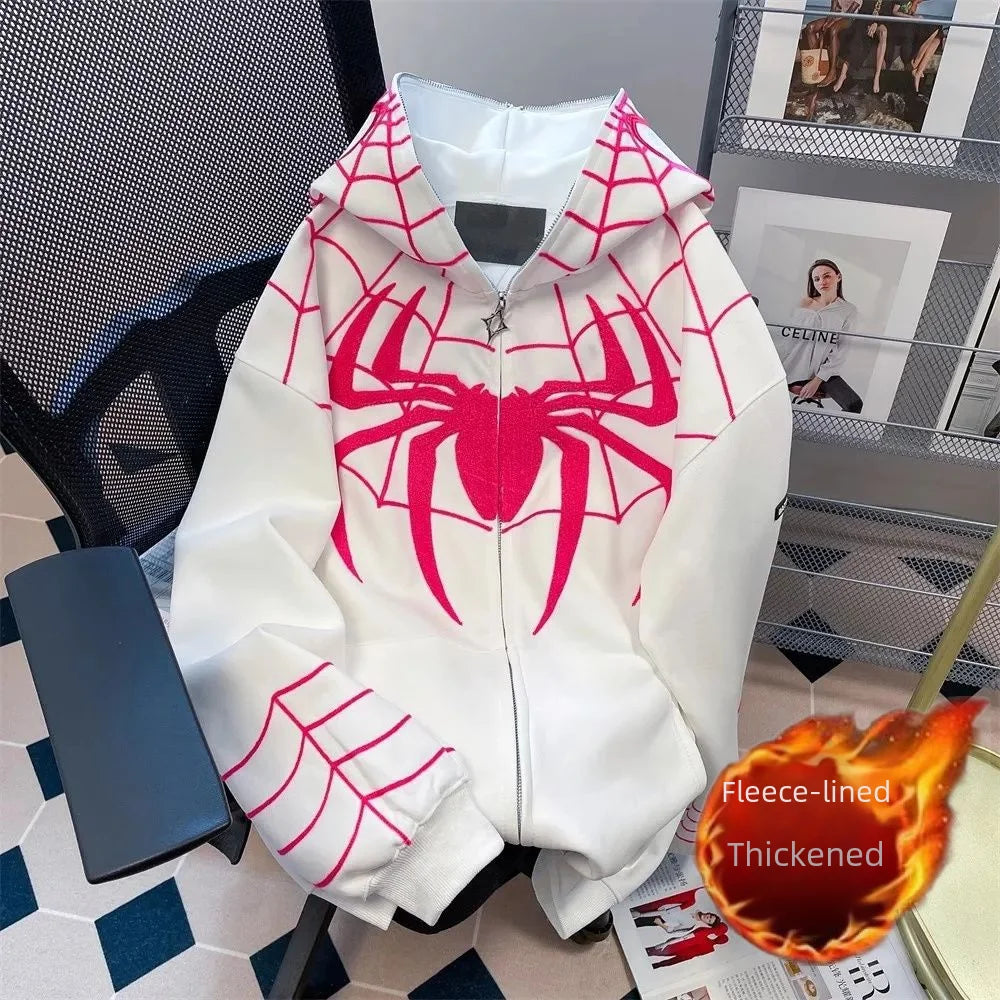 Autumn Winter Hip Hop Spiderman Hooded Sweatshirt Unisex Design Sensibility Niche Vibe Couple Jacket Cardigan