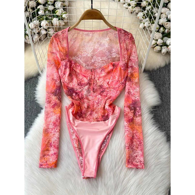 Women's Green Lace Jumpsuits Vintage Skinny Playsuits Harajuku Long Sleeve Square Collar Exotic Sexy Rompers Coquette Clothes