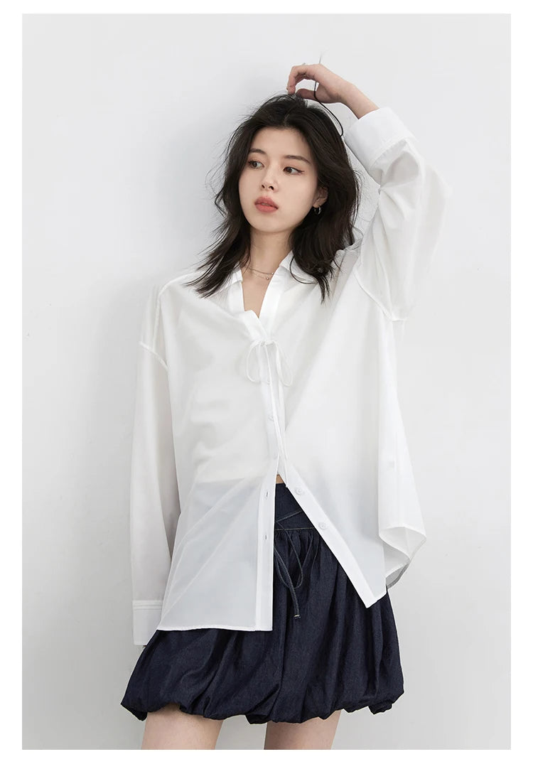 CHIC VEN Women Shirt Loose Casual Solid New Lapel Tie Design Sun Protection Blouses Long Sleeved Female Coat Summer 2025