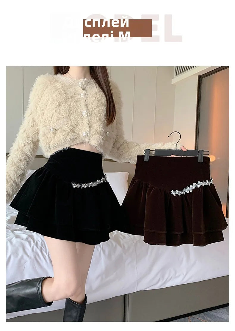 Bla Velvet Cake f Skirt Women's Autumn Winter High Waist A-Line Fluffy ort Skirt Small Size Pleated f Skirt