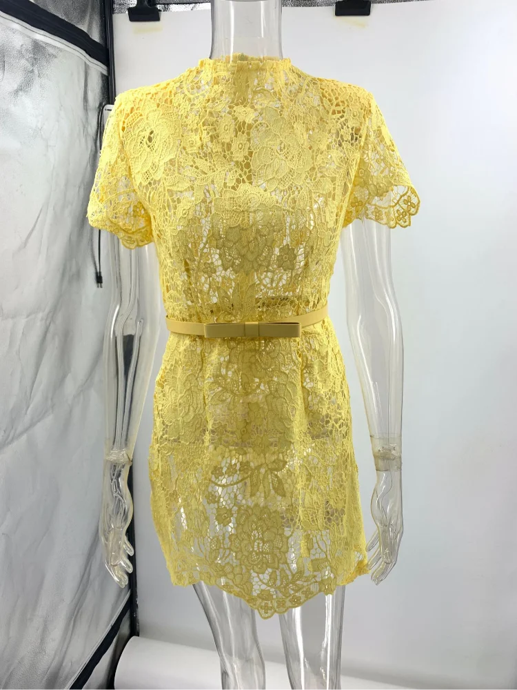 Chic Butter Yellow Lace Print Mini Dress Women's Elegant Short Sleeve O-neck High Waist Gowns 2025 Lady Holidays Street Vestidos