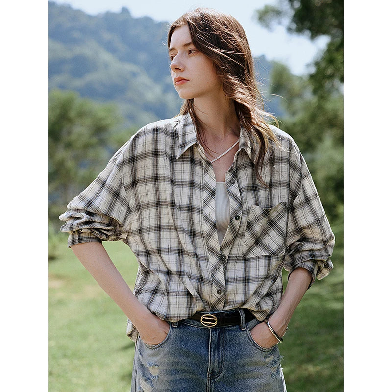 TOYOUTH Women Long Sleeve Blouse Shirt 2025 Spring New Cotton Plaid Retro Turn Down Collar Casual Shirt Tops