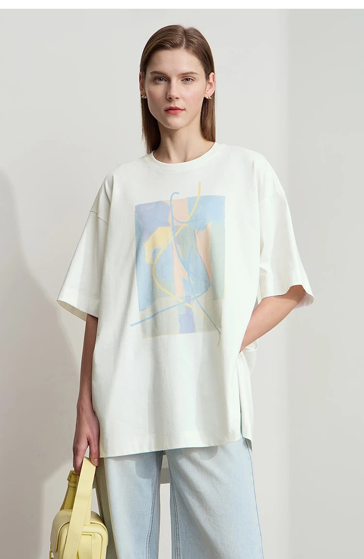 Amii Minimalist Summer T-shirt Women Irregular Design Tops Casual O-neck Abstract Print Loose Dropped Shoulder T-shirt 12522081
