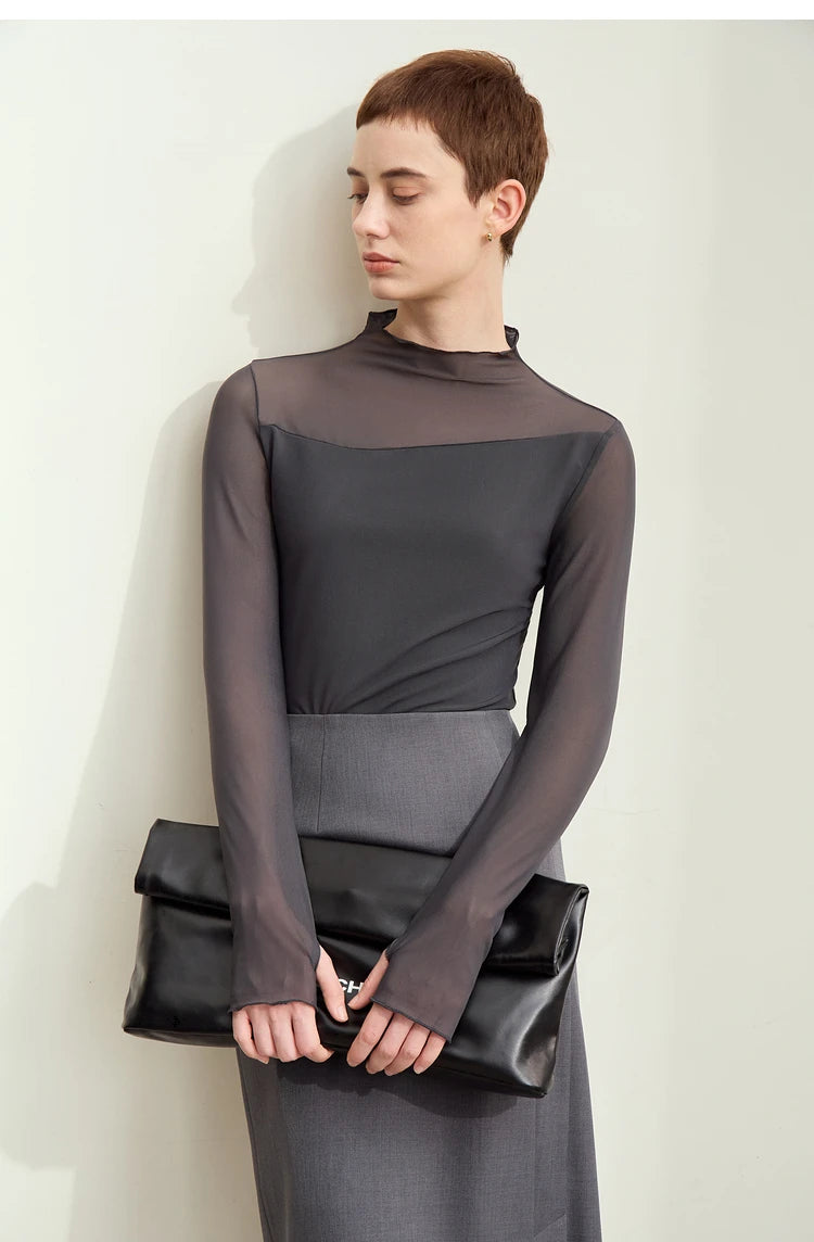 Amii Minimalism Mesh T-shirts For Women 2025 Spring New Office Lady Half-high Neck Micro Perspective Slim Retro Shirt 12423055