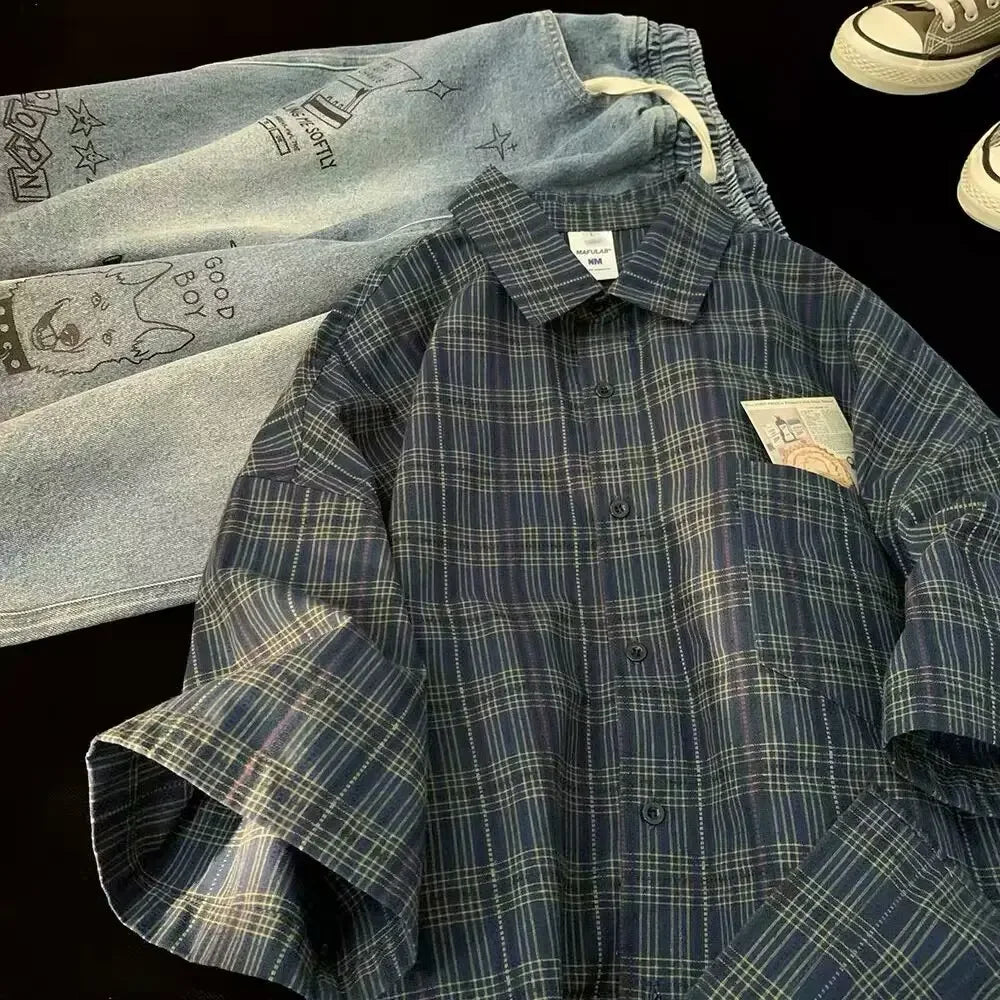 Japanese Vintage Plaid Short Sleeve Shirt Men's Streetwear Loose Fit High-end Feel Casual Stylish Versatile Half Sleeve Jacket