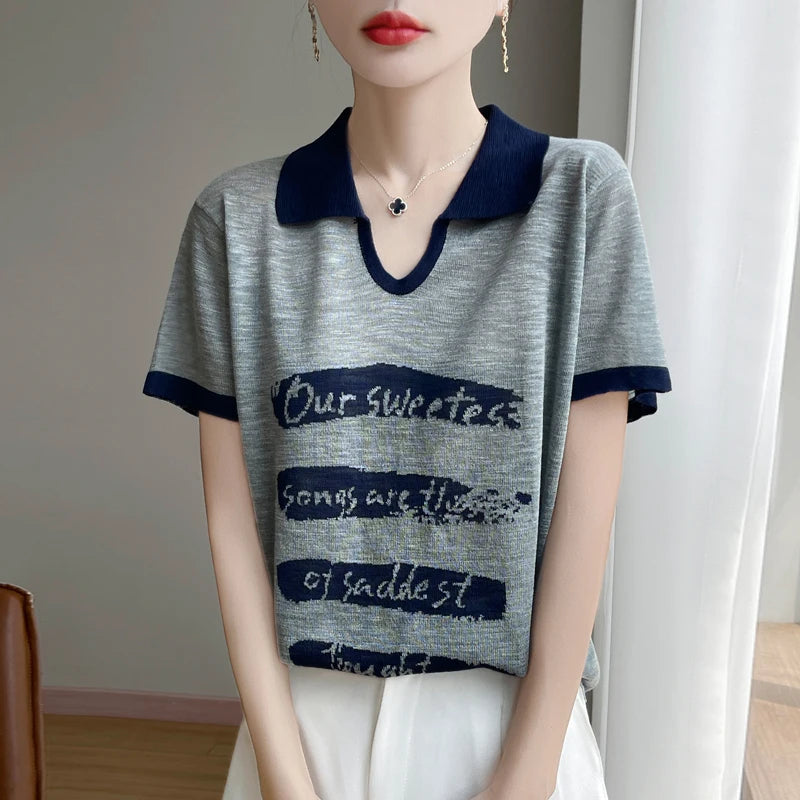 2025 New Large Size Summer Short Sleeve Scissor Collar T-Shirt Women High Grade T-Shirt Fashion Comfortable Leisure T-Shirt Tops