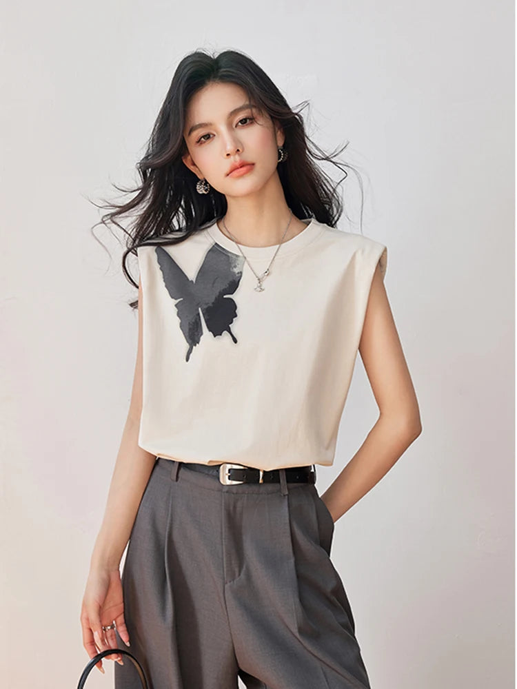Butterfly Print T Shirt Y2k Harajuku High Street Fashion Casual Women T-shirt Summer New Sleeveless Top Tees Clothes