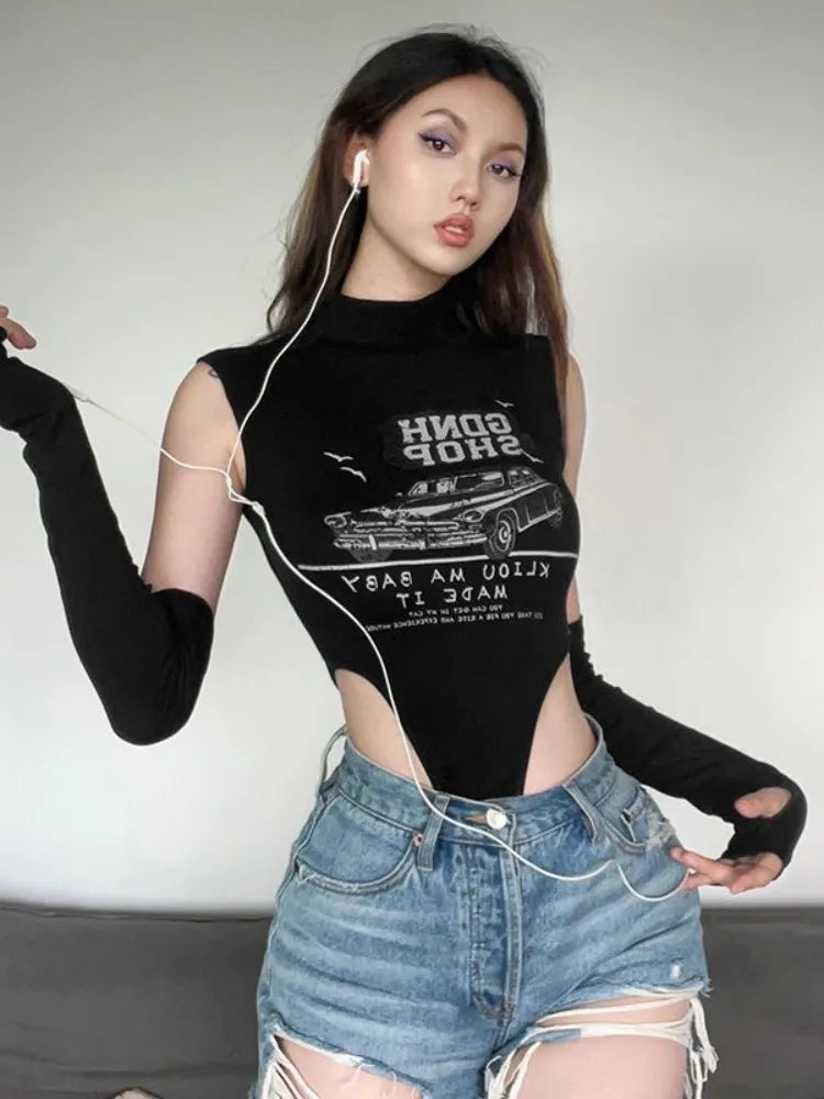 Summer American Retro Sexy Punk Y2K Grunge Cartoon Letter Printing Bodysuit Women Streetwear Slim Vest Bodycon Tops Jumpsuits