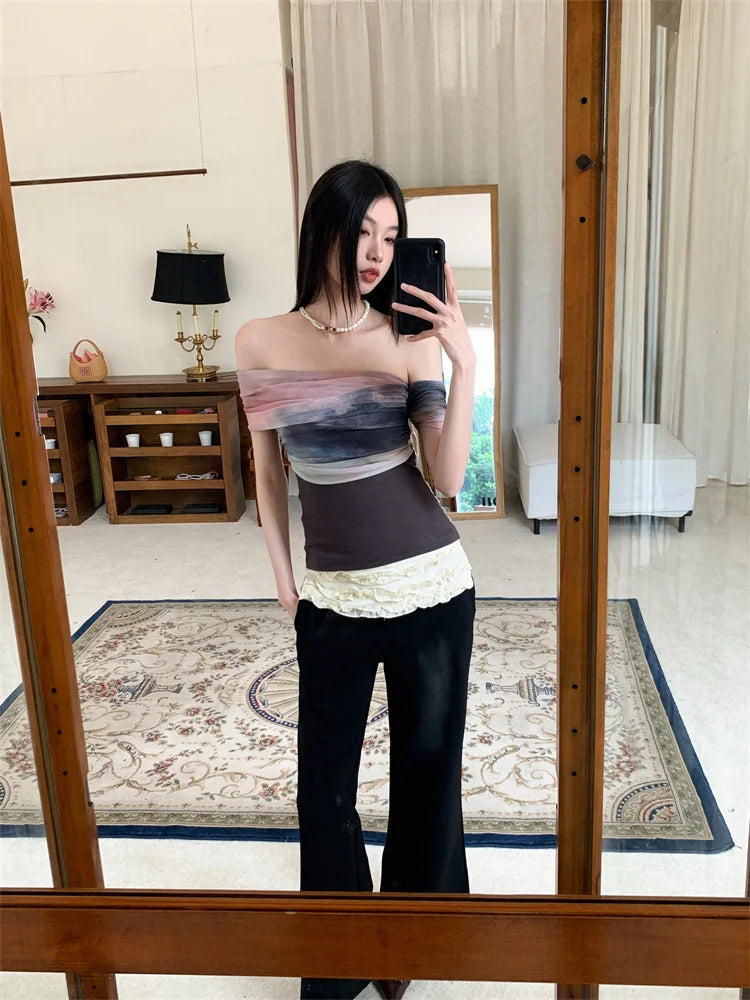 CHEERART Tie Dye Off The Shoulder Mesh Top For Women One Shoulder Designer Crop Top Fashion T Shirt Summer 2025 Clothing