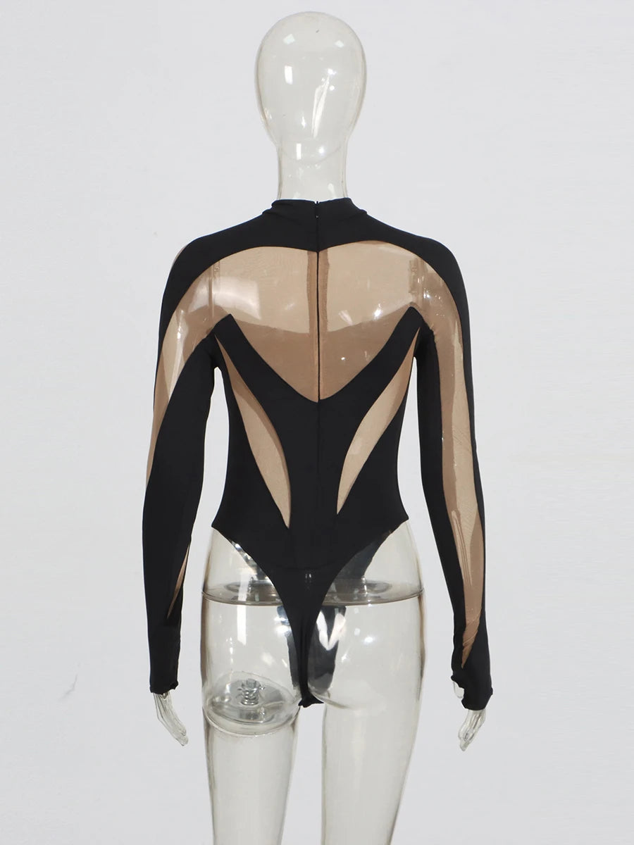 CHICEVER Sexy See Through Jumpsuit for Women Stand Collar Long Sleeve Colorblock Hot Girl Style Playsuit Female Summer Clothing